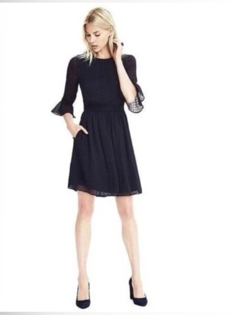 Banana Republic Navy Sheer Sleeve Fit & Flare Swiss Dot Dress